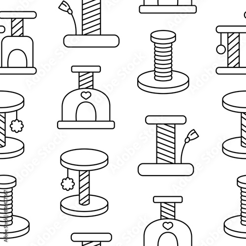 Scratching post for home cats. Seamless pattern. Coloring Page. Kitty houses and furniture. Veterinary shop merchandise. Hand drawn style. Vector drawing. Design ornaments.