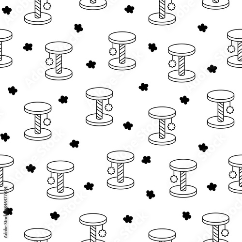 Scratching post for home cats. Seamless pattern. Coloring Page. Kitty houses and furniture. Veterinary shop merchandise. Hand drawn style. Vector drawing. Design ornaments.