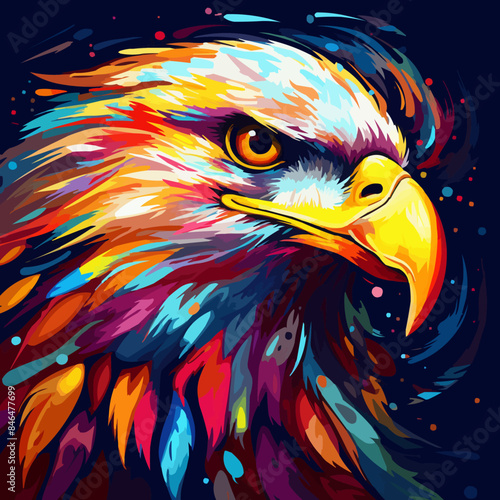 A colorful painting of an eagle with a yellow beak and a blue eye