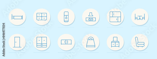 Furniture set icon. Bed, drawers, refrigerator, range hood, cabinet, table, door, wardrobe, sideboard, mattress, vanity, armchair. Home, interior design, furnishing concept. Vector line icons