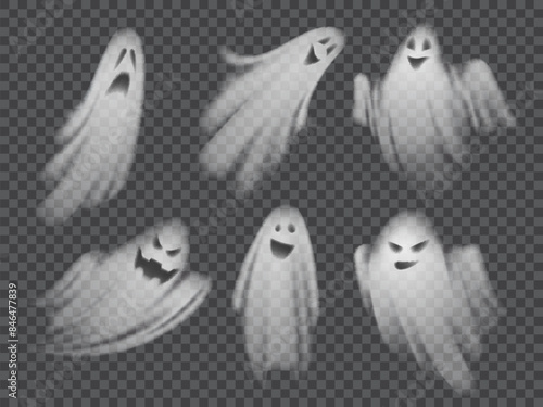 Realistic scary Halloween ghosts. Isolated 3d vector set of scary transparent white ghoul or spirit silhouettes with spooky faces. Horror holiday flying phantoms or nightmare shadows, foggy figures