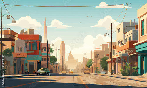 A cartoonish city street with a car driving down the road