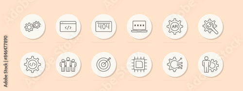 Web development set icon. Gears, coding, error 404, API, password, target, chip, teamwork. Software, programming, internet concept. Vector line icons on beige background.