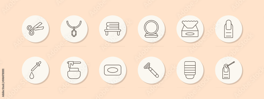 Beauty set icon. Scissors, necklace, towel, mirror, tissues, nail polish, dropper. Grooming, cosmetics, self-care concept. Vector line icons on beige background. Beauty set icon. Scissors, necklace, towel, mirror, tissues, nail polish, dropper. Grooming, cosmetics, self-care concept. Vector line icons on beige background.