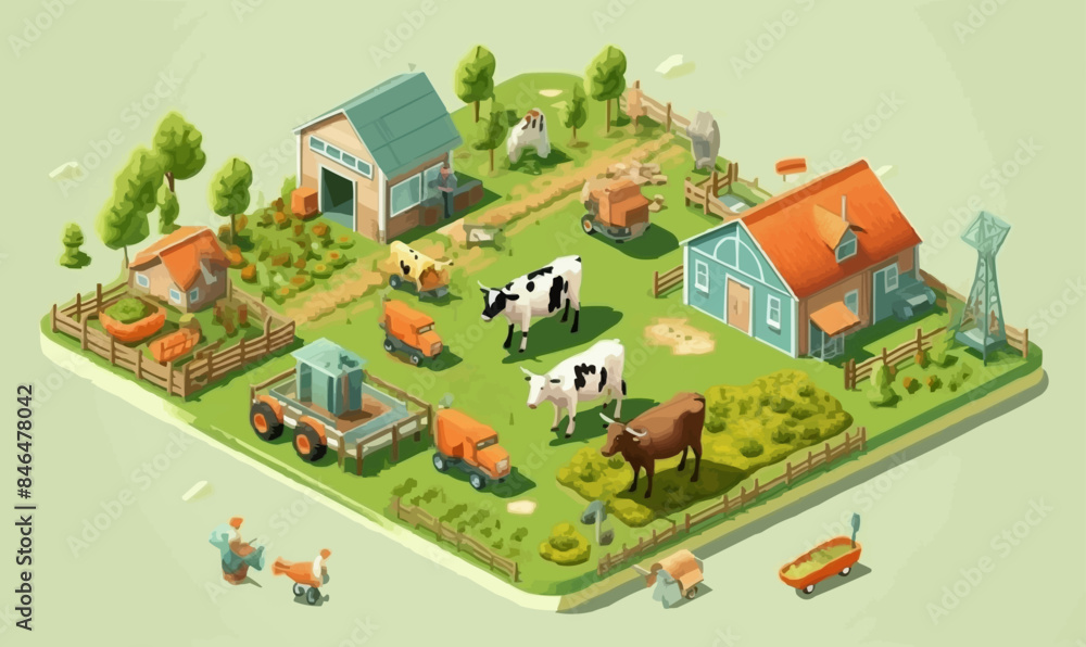 A farm scene with a barn, a house, and a cow A farm scene with a barn, a house, and a cow