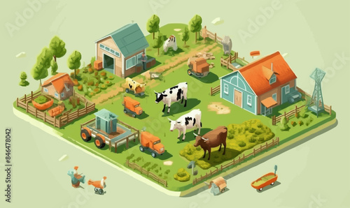 A farm scene with a barn, a house, and a cow