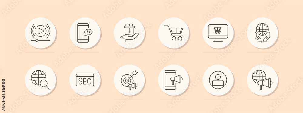 E-commerce set icon. Shopping cart, SEO, marketing, mobile, gift, online store, global, search, ad, delivery, promotion. Digital retail concept. Vector line icon on peach background. E-commerce set icon. Shopping cart, SEO, marketing, mobile, gift, online store, global, search, ad, delivery, promotion. Digital retail concept. Vector line icon on peach background.