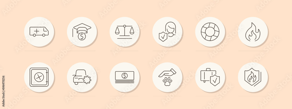Insurance set icon. Ambulance, graduation cap, scales, doctor, life buoy, fire, safe, car, money, pet, luggage, shield. Protection, policy concept. Vector line icon on peach background. Insurance set icon. Ambulance, graduation cap, scales, doctor, life buoy, fire, safe, car, money, pet, luggage, shield. Protection, policy concept. Vector line icon on peach background.