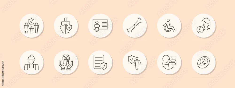 Insurance set icon. Family, shield, ID card, bone, wheelchair, customer service, worker, hands, document, embryo, baby. Safety, protection, policy concept. Vector line icon on peach background. Insurance set icon. Family, shield, ID card, bone, wheelchair, customer service, worker, hands, document, embryo, baby. Safety, protection, policy concept. Vector line icon on peach background.