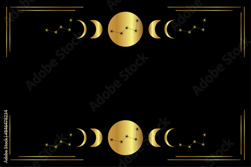Mystic golden frame with constellations, stars, moon phases, crescents, and copy space. Mystical constellations border. Vector mystic linear background with place for text.