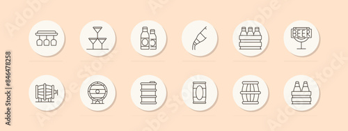 Beer set icon. Glasses, martini, bottles, corkscrew, beer crate, keg, barrel, can, beer sign. Brewery, beverage concept. Vector line icon on peach background.
