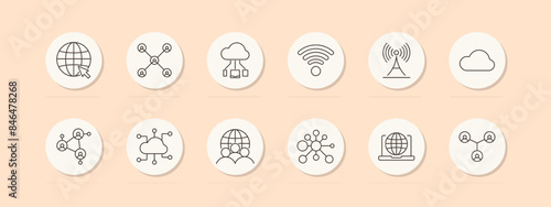Networking set icon. Globe, user connections, cloud storage, wifi, signal, cloud, social network, nodes, laptop, internet. Communication, technology, connectivity concept. Vector line icon