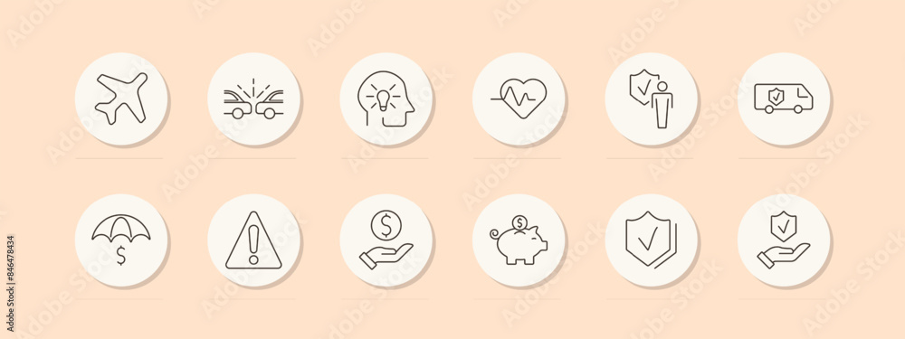 Insurance services set icon. Airplane, car crash, brain, heartbeat, person, truck, umbrella, warning, money, piggy bank, hand, shield. Vector line icon on peach background. Insurance services set icon. Airplane, car crash, brain, heartbeat, person, truck, umbrella, warning, money, piggy bank, hand, shield. Vector line icon on peach background.