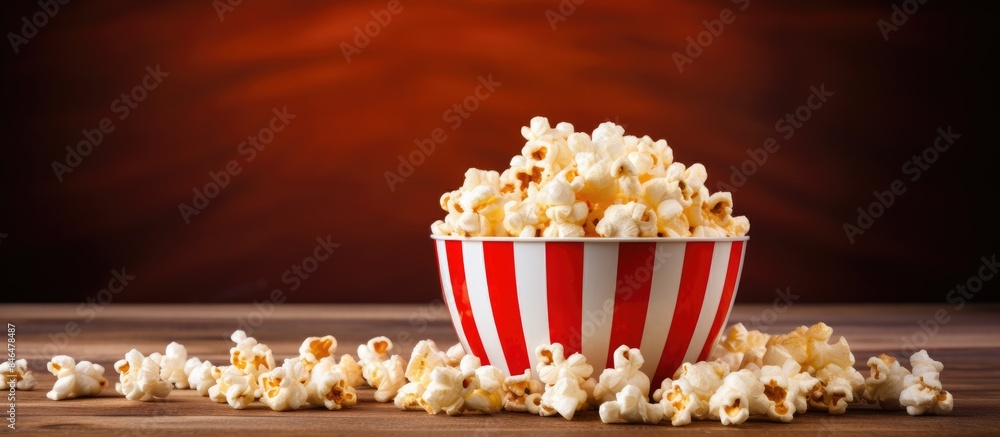 Copy space image of popcorn in a wooden bowl perfect for enjoying movies with a backdrop of wooden texture and red theater curtains Copy space image of popcorn in a wooden bowl perfect for enjoying movies with a backdrop of wooden texture and red theater curtains