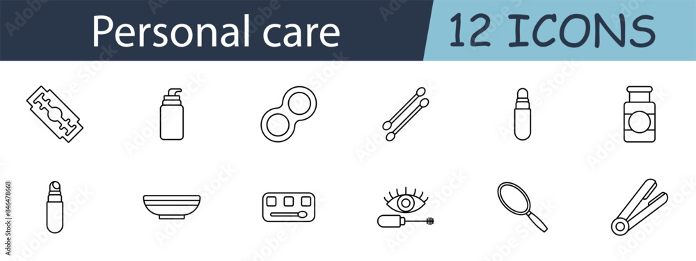 Personal care set icon. Includes razor, lotion, makeup, hygiene, and grooming symbols. Ideal for beauty, skincare, and personal hygiene concepts. Vector line icon on white background. Personal care set icon. Includes razor, lotion, makeup, hygiene, and grooming symbols. Ideal for beauty, skincare, and personal hygiene concepts. Vector line icon on white background.