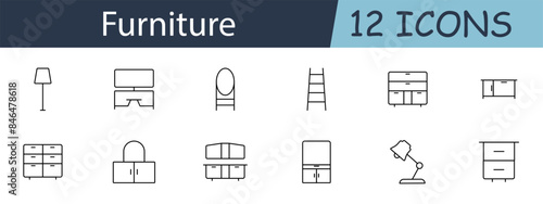 Furniture set icon. Lamp, TV stand, vanity, ladder shelf, cabinet, sideboard, dresser, wardrobe, bookcase, desk lamp, nightstand. Household furniture concept. Vector line icon on white background.