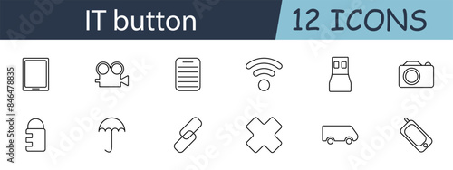 IT button set icon. Tablet, movie camera, document, wifi, USB, camera, lock, umbrella, link, cross, truck, mobile phone. IT tools, security, connectivity, multimedia concept.
