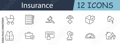 Insurance set icon. Baby carriage, document, gavel, umbrella, health cross, secure package, ID card, scale, meter, house on fire. Insurance types, protection services, risk management concept.