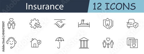 Insurance set icon. Family, gear, handshake, hospital bed, dental shield, car, headset, house, umbrella, building. Comprehensive insurance, health, property, and life protection concept.