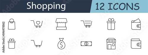 Shopping set icon. Bag, cart, store, gift, wallet, money, cash, market. Shopping experience, retail, commerce, consumer goods concept.