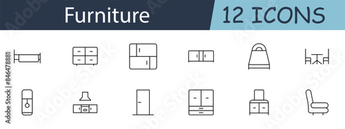 Furniture set icon. Bed, dresser, wardrobe, nightstand, chair, dining table, refrigerator, stove, door. Home decor, interior design, furnishing concept.