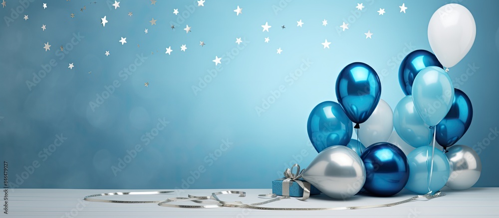 Blue cake with white and grey balloons and stars perfect for a first birthday celebration with plenty of copy space for your image Blue cake with white and grey balloons and stars perfect for a first birthday celebration with plenty of copy space for your image