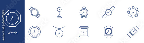 Watch set icon. Wristwatch, wall clock, stopwatch, gear clock, timepiece. Timekeeping, punctuality, chronometry, time management concept.