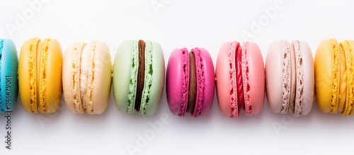 Colorful almond macarons a French sweet delicacy arranged on a white background Top view with copy space for a food related image photo