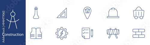 Construction set icon. Flask, triangle ruler, location, hard hat, cart, checklist, gear. Construction planning, building design, project management, safety concept.