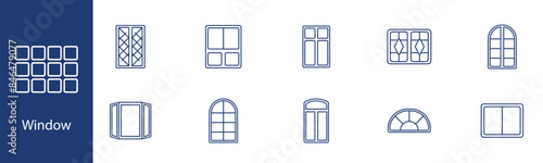 Window set icon. Different window types, grid, arched, bay, casement, sash. Home improvement, architecture, interior design, window styles concept.