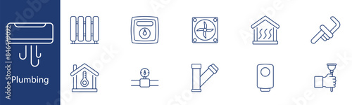 Plumbing set icon. Radiator, thermostat, fan, heating, pipe, water heater. Plumbing systems, home maintenance, heating solutions, temperature control concept.