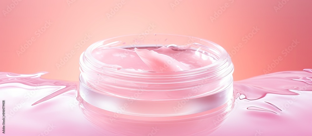 View of a pink background with a sample of transparent cosmetic gel in the center There is copy space available for text View of a pink background with a sample of transparent cosmetic gel in the center There is copy space available for text
