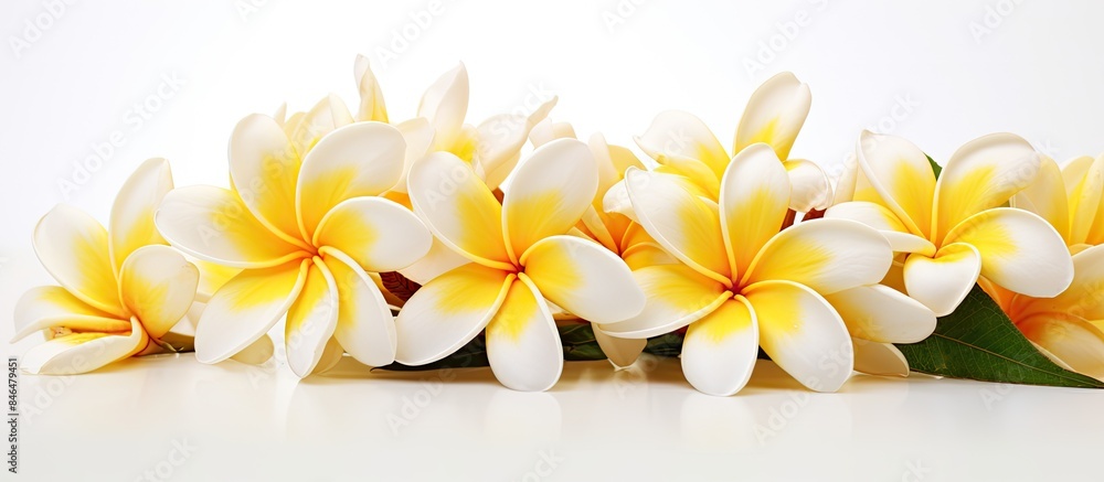 Obraz premium Copy space image of a white background showcasing a vibrant close up of yellow and white silk plumeria frangipani flower stalk