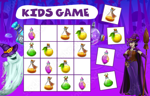 Halloween maze game with potion bottles. Sudoku riddle for kids, intelligence puzzle vector worksheet or child rebus game with ghost and witch cartoon characters and Halloween magic potions bottles