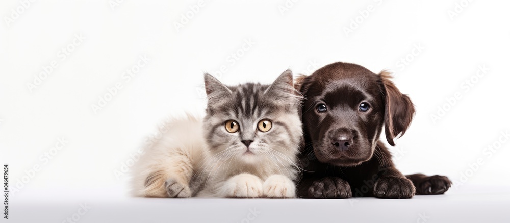 Obraz premium Lovely pets a cute dog and cat captured in a copy space image against a white background