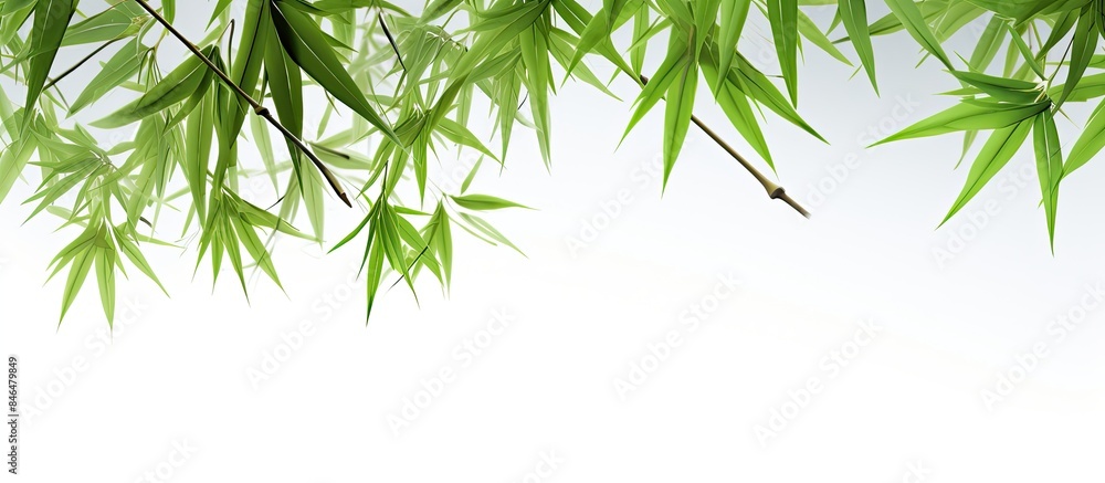 Isolated on a white background there is a copy space image of vibrant green bamboo leaves