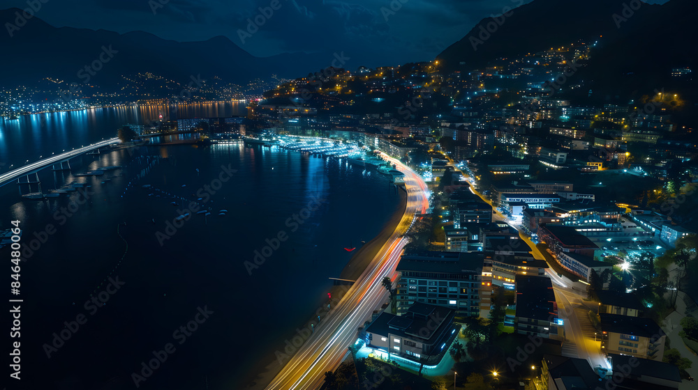 Fototapeta premium Overhead Aerial Drone Night Shot of Illuminated City Street in Lugano, Switzerland with Lake and Mountains