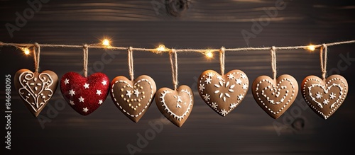 Domestic handmade Christmas decorations heart and strings. copy space available photo