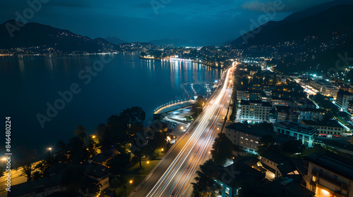 Aerial Drone Night Shot of City Street Lights and Lake in Lugano, Switzerland with Mountains and Water Reflections