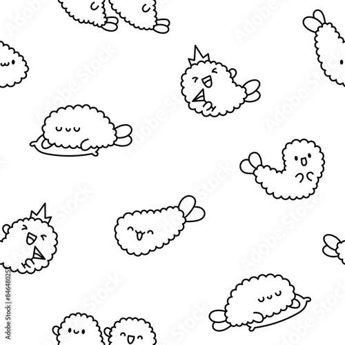 Funny tempura shrimp characters. Seamless pattern. Coloring Page. Cute cartoon japanese food. Hand drawn style. Vector drawing. Design ornaments.