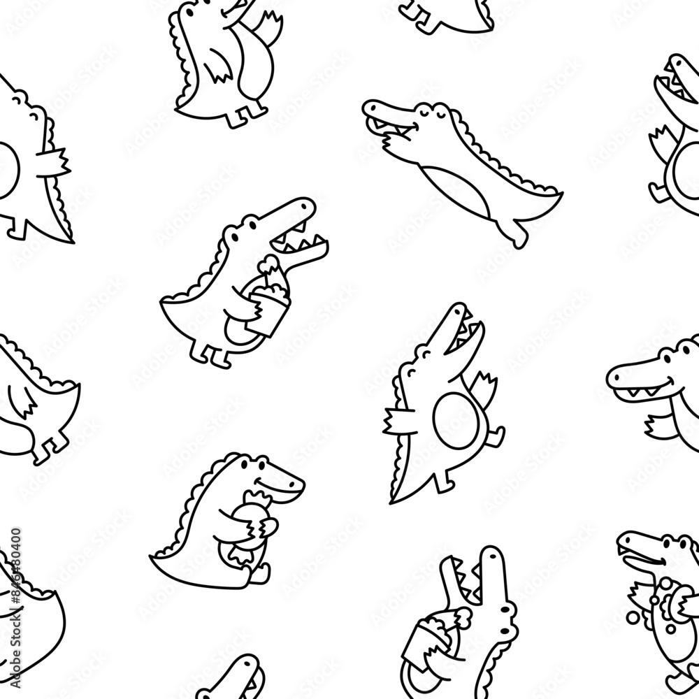Obraz premium Cute crocodile character engaged in different activity. Seamless pattern. Coloring Page. Funny adorable cartoon animal. Hand drawn style. Vector drawing. Design ornaments.