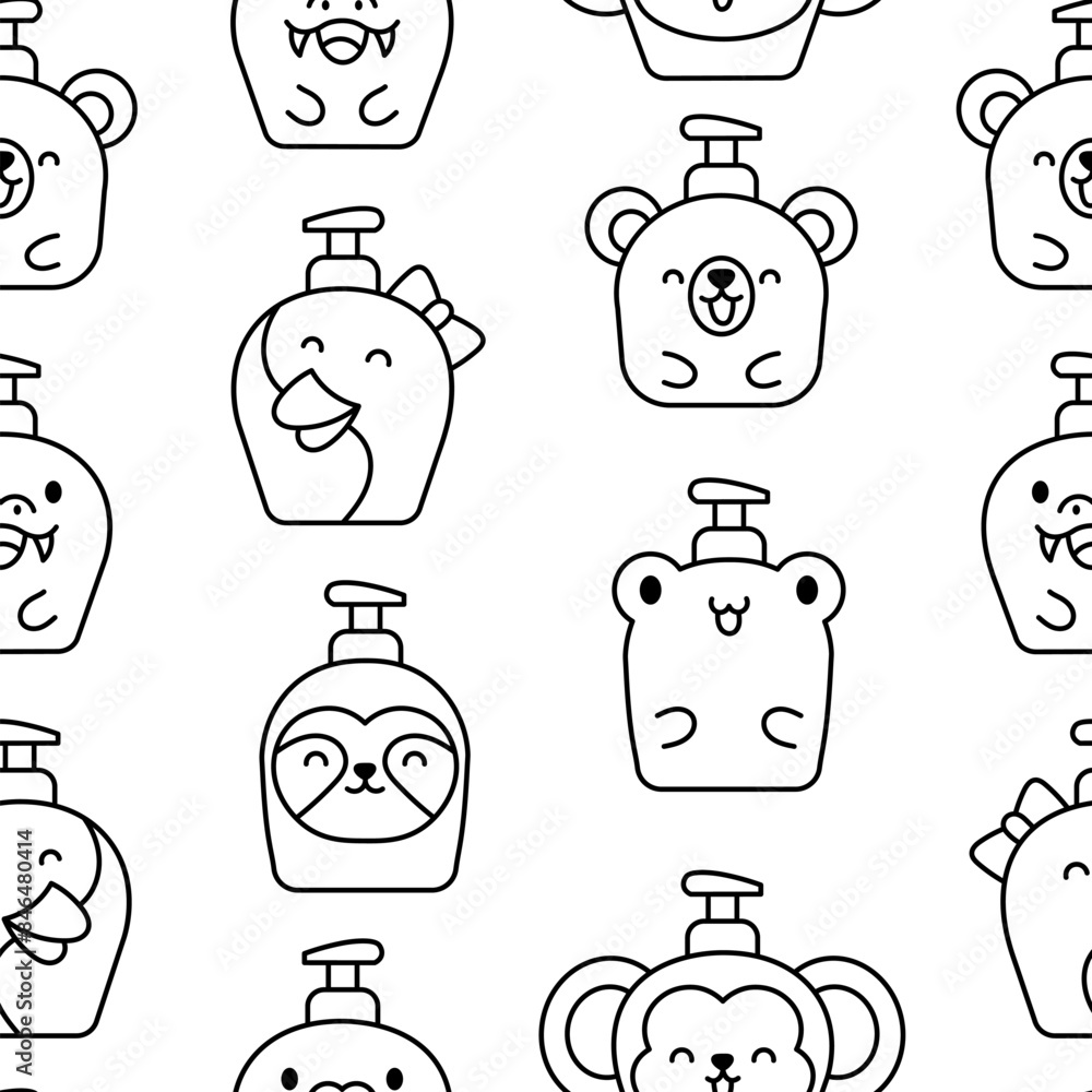 Obraz premium Liquid soap bottles with animals face. Seamless pattern. Coloring Page. Bath and shower product. Hand drawn style. Vector drawing. Design ornaments.