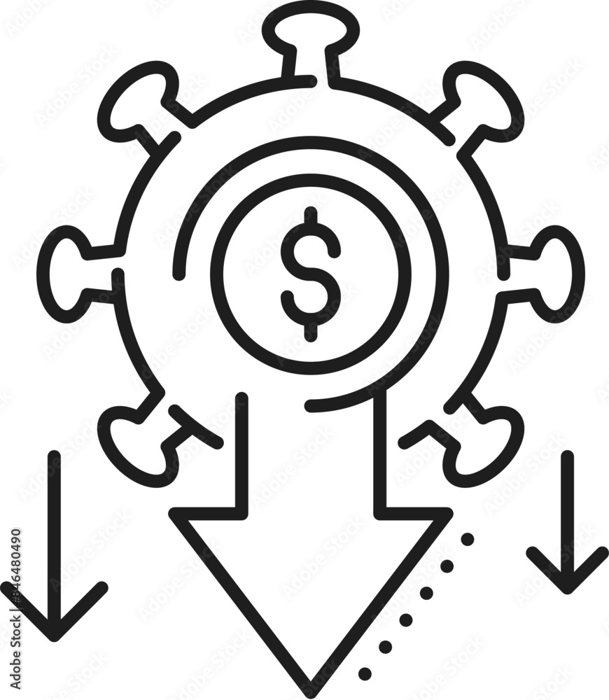 Pandemic economic crisis and money loss icon, downturn and bankruptcy symbol of cogwheel, dollar and decreasing arrows. Widespread money loss vector linear sign echoing the global economic impact Pandemic economic crisis and money loss icon, downturn and bankruptcy symbol of cogwheel, dollar and decreasing arrows. Widespread money loss vector linear sign echoing the global economic impact