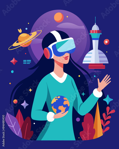 The virtual reality headset transported her mind to another world bending her perception of reality and controlling her every move.. Vector illustration