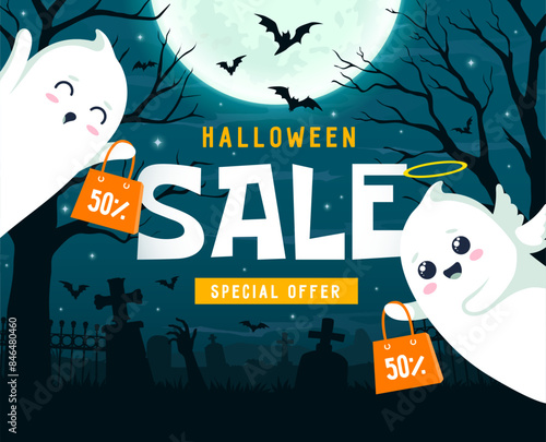 Kawaii ghosts on midnight holiday cemetery. Halloween sale banner. Cartoon vector ads background for autumn seasonal discount offer. Advertisement card with funny flying white sheet spirits at night
