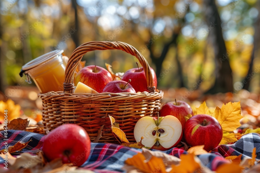 Basket of Red Apples and Cider on a Plaid Blanket in an Autumn Forest Basket of Red Apples and Cider on a Plaid Blanket in an Autumn Forest