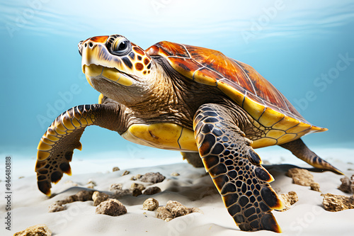 Sea turtle yellow, brown swimming in blue sea clear with white sand under ocean is background live in sea. But is characteristics of reptile. They like to lay their eggs on clean, quiet sandy beaches. photo