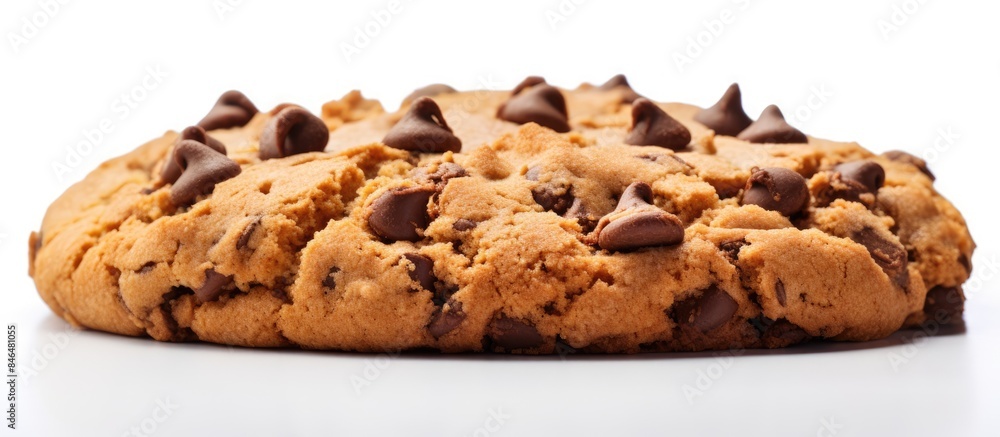 The cookie with its chocolate chips is framed and stands alone on a white backdrop leaving room for additional content if desired The cookie with its chocolate chips is framed and stands alone on a white backdrop leaving room for additional content if desired