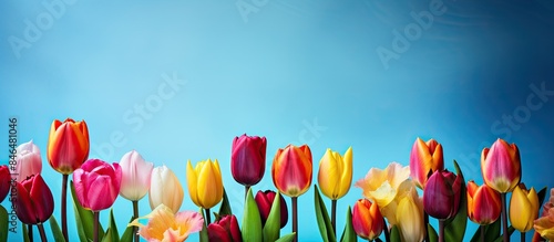 In springtime vibrant tulips of various hues bloom beautifully against a captivating blue backdrop creating a visually stunning copy space image #846481046