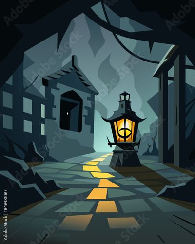 The flickering gaslight in the abandoned asylum gave the impression of a haunting presence lurking in the shadows.. Vector illustration